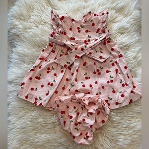 Cath Kidston A-line front tie dress & bloomers, back flower button, cherry, 0-3